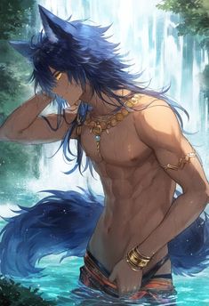 a man with long hair standing in the water next to a waterfall and holding his hand on his head