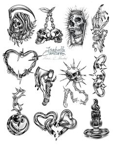 a bunch of tattoos that are drawn in black and white