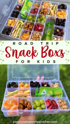 the road trip snack box for kids is filled with fruit, nuts and veggies