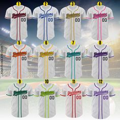 an image of baseball uniforms with numbers on them in different colors and sizes for each team