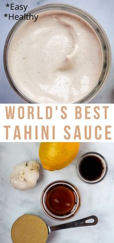 the ingredients to make tahini sauce are shown