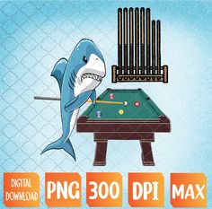 an image of a shark playing pool with a billiarder and rack on it