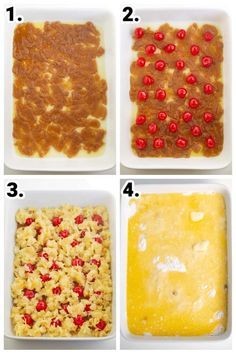 four pictures showing how to make macaroni and cheese casserole with cherries