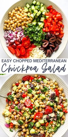 two plates filled with chickpea salad on top of each other and the words easy chopped mediterranean chicken salad below