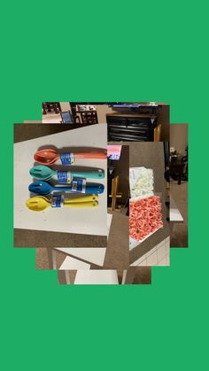 several different types of crafting supplies sitting on a table with green walls in the background