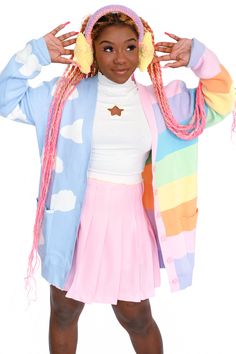 Rainbow Skies Split Cardigan | My Violet Rainbow Sky, Rainbow Outfit, Harajuku Outfits, Pastel Outfit, Kawaii Fashion Outfits, Zooey Deschanel, Kawaii Clothes, Harajuku Fashion, Character Outfits