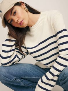 Anna Cotton Crewneck Sweater Sailor Sweater, Sailor Fashion, Y2k Streetwear, Sweater Design, Navy Stripes, Cashmere Sweater, Catsuit, Crewneck Sweater, Cotton Sweater