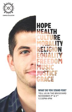 a man is standing in front of a white background with words written across the face