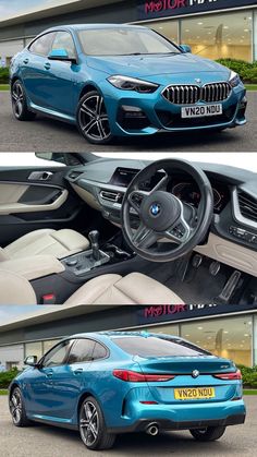 two different views of the inside and outside of a bmw car, one showing the steering wheel