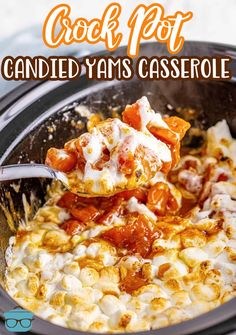 the crock pot is filled with candied yams casserole