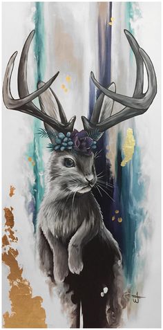 a painting of a rabbit with antlers on it's head and an abstract background