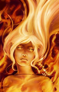 a painting of a woman with blonde hair and yellow eyes, surrounded by orange flames