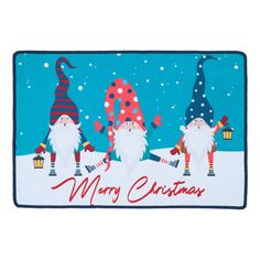 three gnomes are standing in the snow on a merry christmas door mat with red lettering