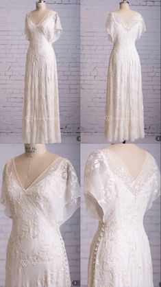 three different views of a white wedding dress on mannequins, with the back and