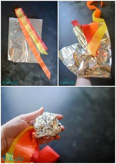 an image of some food that is wrapped in tin foil and ribbon on the side