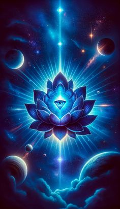 a blue lotus flower surrounded by planets and stars