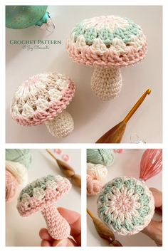 crocheted mushrooms are shown in three different pictures, one is pink and the other is green