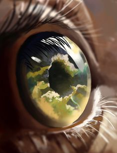 an eye looking into the sky with clouds reflected in it's irise lens