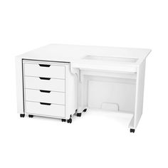 a white desk with three drawers on wheels