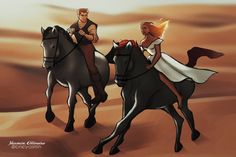 two people riding on the backs of horses in an animated desert scene with sand dunes behind them