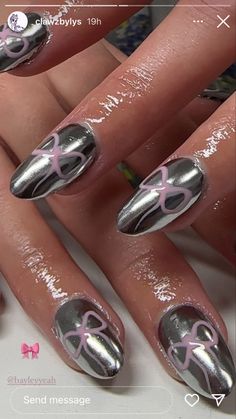 Nail Bow, Nessa Nails, Red And Silver Nails, Coquette Nail, Bow Nail Designs, Aesthetic Bow, Bow Nails, Bow Nail Art, Bow Nail