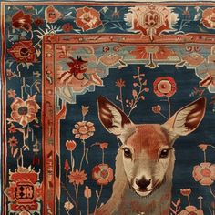 a rug with a deer on it and flowers around the edges, in front of a blue background