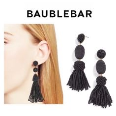 Nwt Baublebar Sandriana Glimmering Black Beaded Tassels Drop Earring Condition: New With Tag Color: Multi-Color Retail Price: $38 + Sales Tax Style Note Glimmering Beaded Tassels And Cord-Wrapped Spheres Pair Up On A Beautifully Bohemian Pair Of Statement Earrings. Item Details - Features Gold Tone With Glimmering Black Beaded Tassels Drop Earrings - Post Back Closure - 3 1/2" Drop / 3/4" Width - Imported - Materials: Zinc/Glass/Rayon/Gold Plate/Surgical Steel Posts Black Beaded Fringe Tassel Earrings For Party, Elegant Black Beaded Earrings With Tassels, Elegant Black Tassel Earrings With Beaded Fringe, Elegant Black Tassel Earrings With Beads, Elegant Black Beaded Tassel Earrings, Mickey Earrings, Apple Earrings, Disney Earrings, Minnie Mouse Earrings