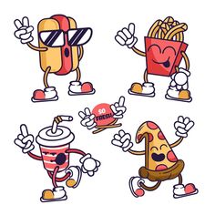 four cartoon fast food characters with different poses and expressions, one in the middle holding a drink