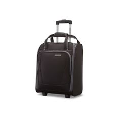 a black and grey rolling suitcase on wheels