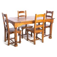 a wooden table and chairs with one chair missing the back end, while the rest of the set is empty