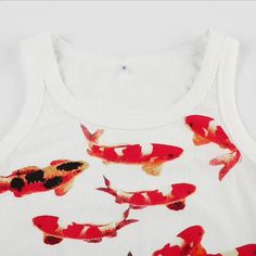 White Graphic Print Tank Top, White Printed Tank Top, Casual White Fish Print Top, White Cotton Top With Fish Print, White Cotton Tops With Fish Print, Fish Shirt Design, Koi Fish Shirt, Koi Fish Print, Fish Shirt