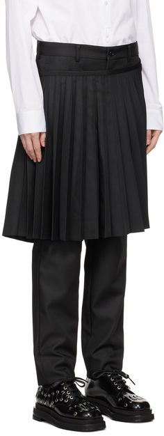 Polyester gabardine trousers. · Pleated skirt-style overlay · Belt loops · Four-pocket styling · Zip-fly · Unfinished hem · Partial satin lining Supplier color: Black Formal Knee-length Bottoms With Box Pleat, Formal Black Bottoms With Pleated Hem, Black Bottoms With Box Pleat For Work, Black Box Pleat Bottoms For Workwear, Formal Knee-length Bottoms With Pleated Hem, Black Cropped Trousers, Comme Des Garcons Black, Black Layers, Floral Shoes