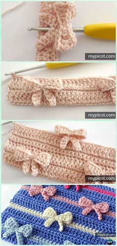 crochet bow headbands are shown with the instructions for how to make them