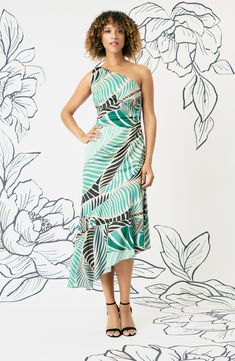 A jazzy print animates a one-shoulder dress that unfurls with a sweet slant at the hemline. 43 1/2" length Hidden side-zip closure One-shoulder neck Lined 97% polyester, 3% spandex Dry clean Imported Green One-shoulder Midi Dress For Vacation, Green Floral Print One Shoulder Maxi Dress, Chic One Shoulder Printed Dress, Chic One-shoulder Printed Dress, Chic Printed One-shoulder Dress, Printed One-shoulder Midi Dress, Maggy London, Aqua Green, Nordstrom Dresses