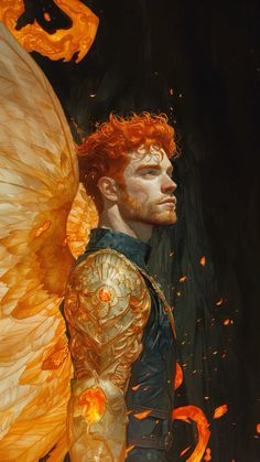 a painting of a man with orange hair and wings on his chest, looking to the side