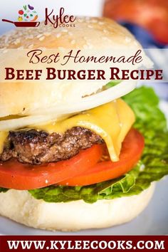 the best homemade beef burger recipe with cheese and lettuce on it is ready to be eaten