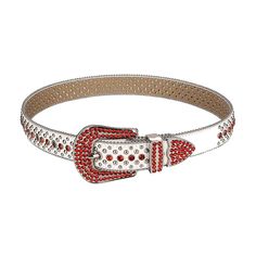 Rhinestones Alligator Leather Belts All White with Studs Red Stones Add some bling to your wardrobe with this stylish all-white alligator leather belt. The metal studs and red stones are strategically placed to give you the right amount of shine and style. It's a perfect accessory for any hip hop outfit or for dressing up for a night out. The high-quality leather is durable and long-lasting, ensuring that you'll get plenty of wear out of this statement piece. Designed for the fashion-conscious m Luxury Elegant Red Belt, Silver Adjustable Belt With Rhinestone Rivets, Rhinestone Buckle Belt, Red Studded Belt, Belt Store, Luxury Leather Belt With Silver-tone Hardware, Rhinestone Belt, Hip Hop Outfits, Stone Studs