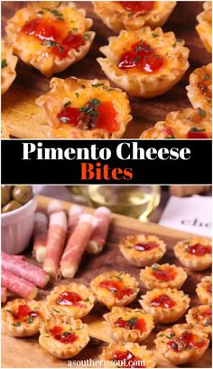 some small appetizers are sitting on a cutting board with the words, pinento cheese bites