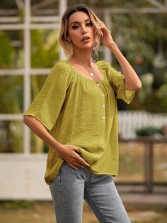 Spring has never looked brighter with this button blouse! This 3/4 sleeve top is perfect for any layering outfit or just standing on its own with your favorite denim jeans and sporty shoes. The elbow length short sleeves and gathered neckline details add to the unique chic other blouses can't offer you. Tuck half the front for a trendy fun look in the sun. MATERIAL: 100% Poly Blend MEASUREMENTS: Blouse Length is 25"-27"in Shirt Blouses Women's, Casual Summer Tops, Top Shirt Women, Sleeves Clothing, Layering Outfits, Weave Style, Sleeve Fashion, Summer Blouses, Loose Shorts