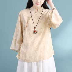 Details: Gender: Women Item Type: Blouse Material: Linen Pattern Type: Print Season: Spring, Summer, Autumn Style: Leisure, Daily, Retro Occasion: Going Out, Daily Size: One Size Length: 62.00 cm/ 24.41 " Bust: 112.00 cm/ 44.09 " Shoulder: 40.00 cm/ 15.75 " Sleeve: 60.00 cm/ 23.62 " Casual Spring Blouse With Stand Collar, Spring Top With Stand Collar, Spring Vintage Top With Stand Collar, Vintage Stand Collar Top For Spring, Beige Stand Collar Top For Spring, Spring Vintage Blouse With Stand Collar, Beige Stand Collar Tops, Linen Pattern, Summer Retro