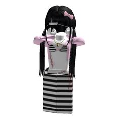 a paper doll is dressed in black and white striped clothes with pink bows on her head