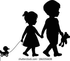 the silhouette of two children walking with a dog and a poodle on a leash