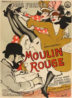 an old movie poster for the film moulin rouege, with two women dancing