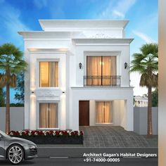 a car is parked in front of a white two story house with balconies