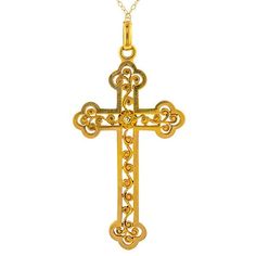 Measuring approx. 2 7/16 x 1 3/16 inches, centering a half pearl measuring approx. 5mm., suspended from 16 inch chain, fashioned in 18k yellow gold. French hallmarks. Antique Gold Cross Pendant Jewelry, Victorian Gold Cross Necklace, Ornate Gold Cross Pendant Necklace, Elegant Crucifix Pearl Pendant Necklace, Yellow Gold Diamond-cut Crucifix Necklace, Coral Earrings, Jesus Images, Diamond Drop Earrings, Diamond Drops