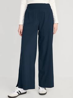 High-Waisted StretchTech Wide-Leg Pants | Old Navy Spain Spring, Navy Wide Leg Trousers, Wide Leg Trousers Outfit, Slacks Outfit, Trouser Outfit, Split Legs, Travel Outfits, Pants Blue, Active Wear Pants