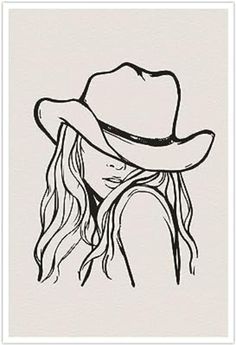 a black and white drawing of a woman with long hair wearing a cowboy's hat