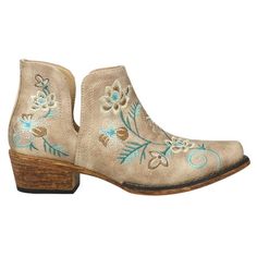 Snip toe ankle boot with double opened sides featuring a floral embroidery Size: 5.5.  Color: Beige.  Gender: female.  Age Group: adult. Cheap Cowgirl Boots, Corral Boots Womens, Cowboy Casual, Low Heel Booties, Cowboy Ankle Boots, Floral Boots, Boots Square Toe, Western Chic, Leather Boot Shoes