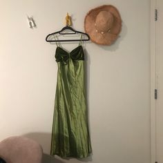 Never Worn. Great Style And Quality. Fits Xs. Length In Between Maxi And Midi Olive Green Velvet Dress, Green Silky Dress, Moss Green Dress, Mustard Green, Mustard Greens, Drop Waist Dress, Winter Formal, Silky Dress, Dropwaist Dress