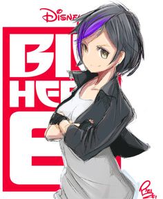 an anime character with purple hair standing in front of a red and white background